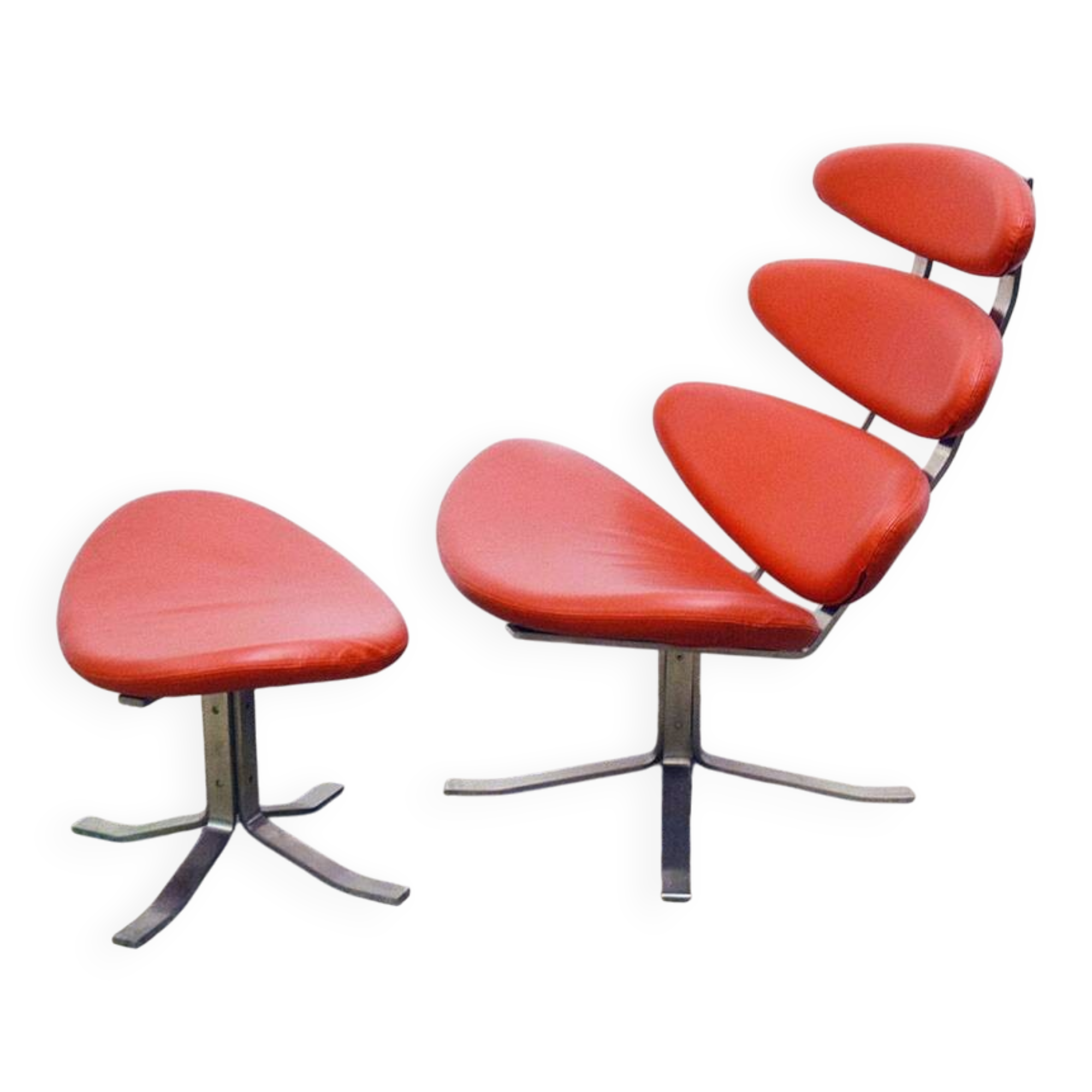 Paul Volther 'Corona Chair' with Ottoman, 1990s Replica in Leather