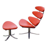 Paul Volther 'Corona Chair' with Ottoman, 1990s Replica in Leather