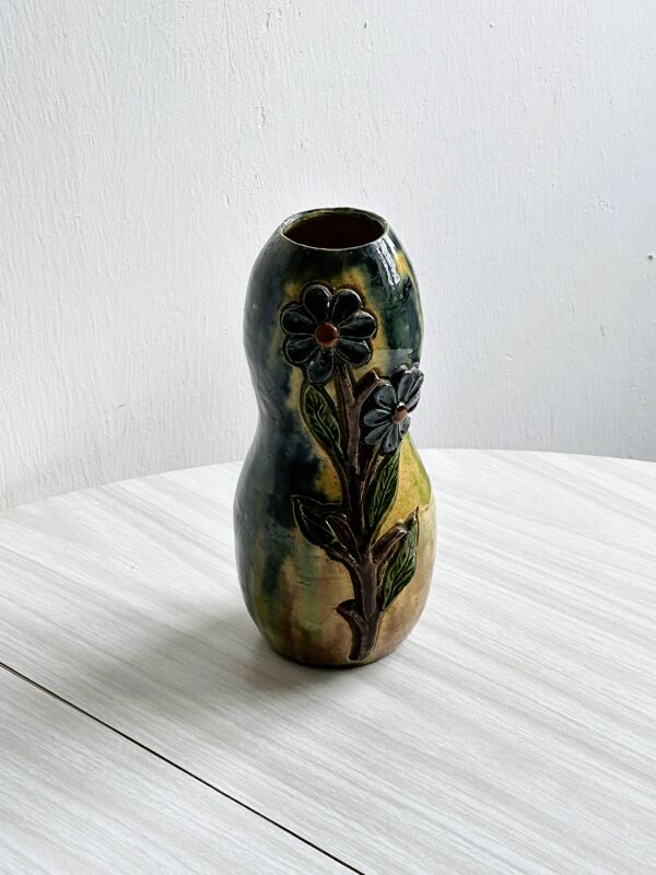 Vase vintage céramique émaillée – Motifs floraux en relief