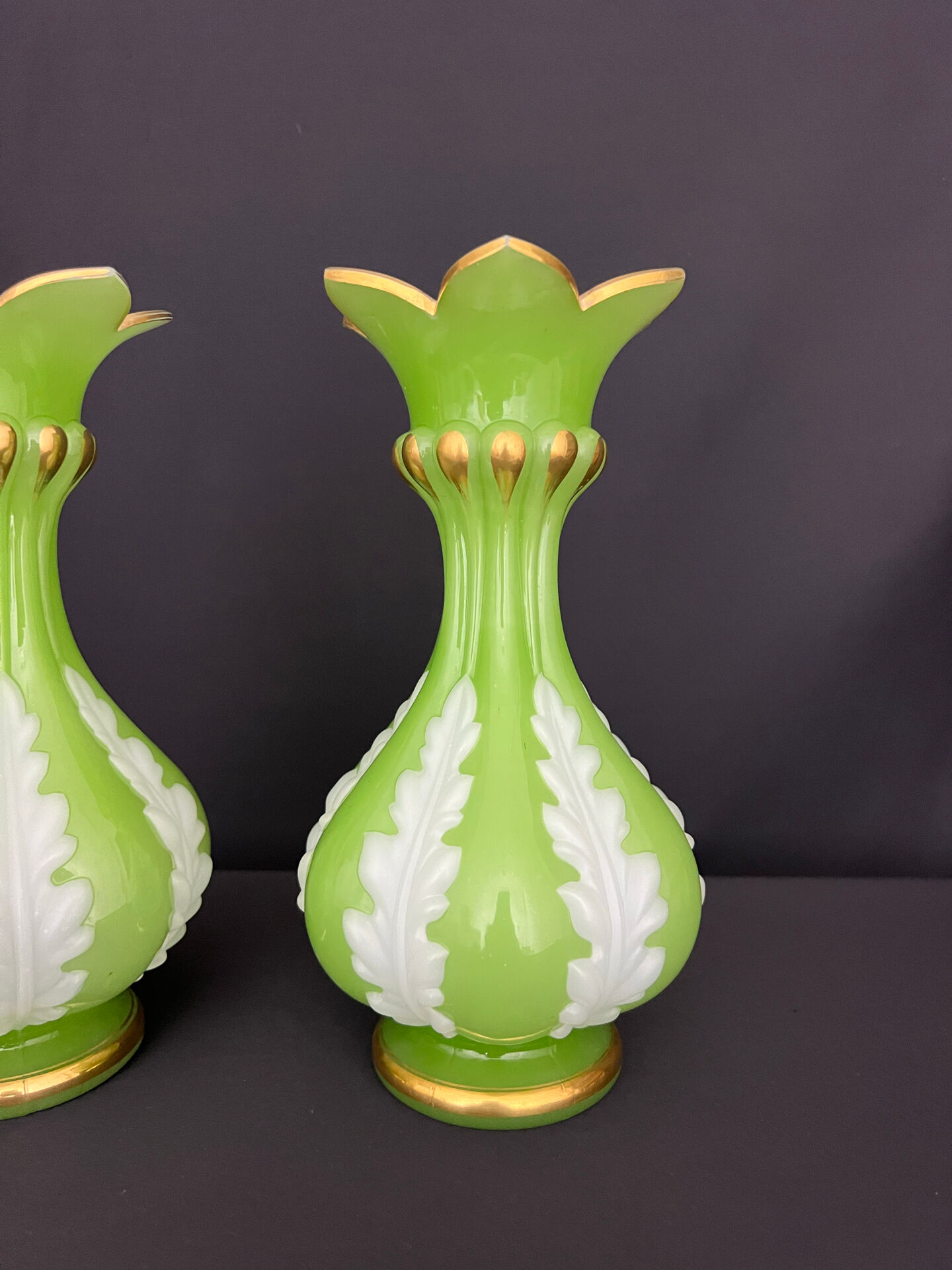 Pair of green and white opaline vases, attributed to Baccarat, period