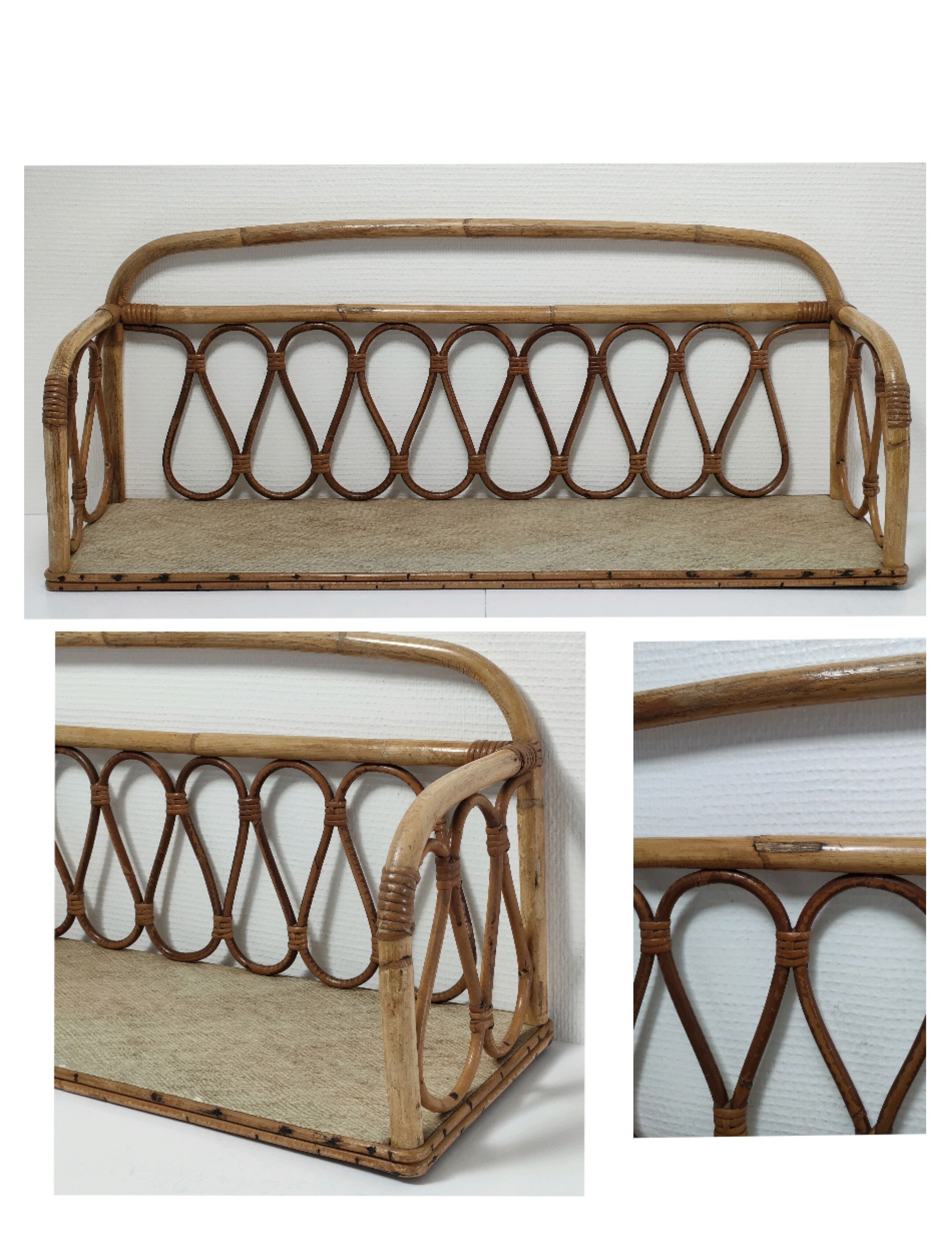 Shelf in curved bamboo and vintage rattan