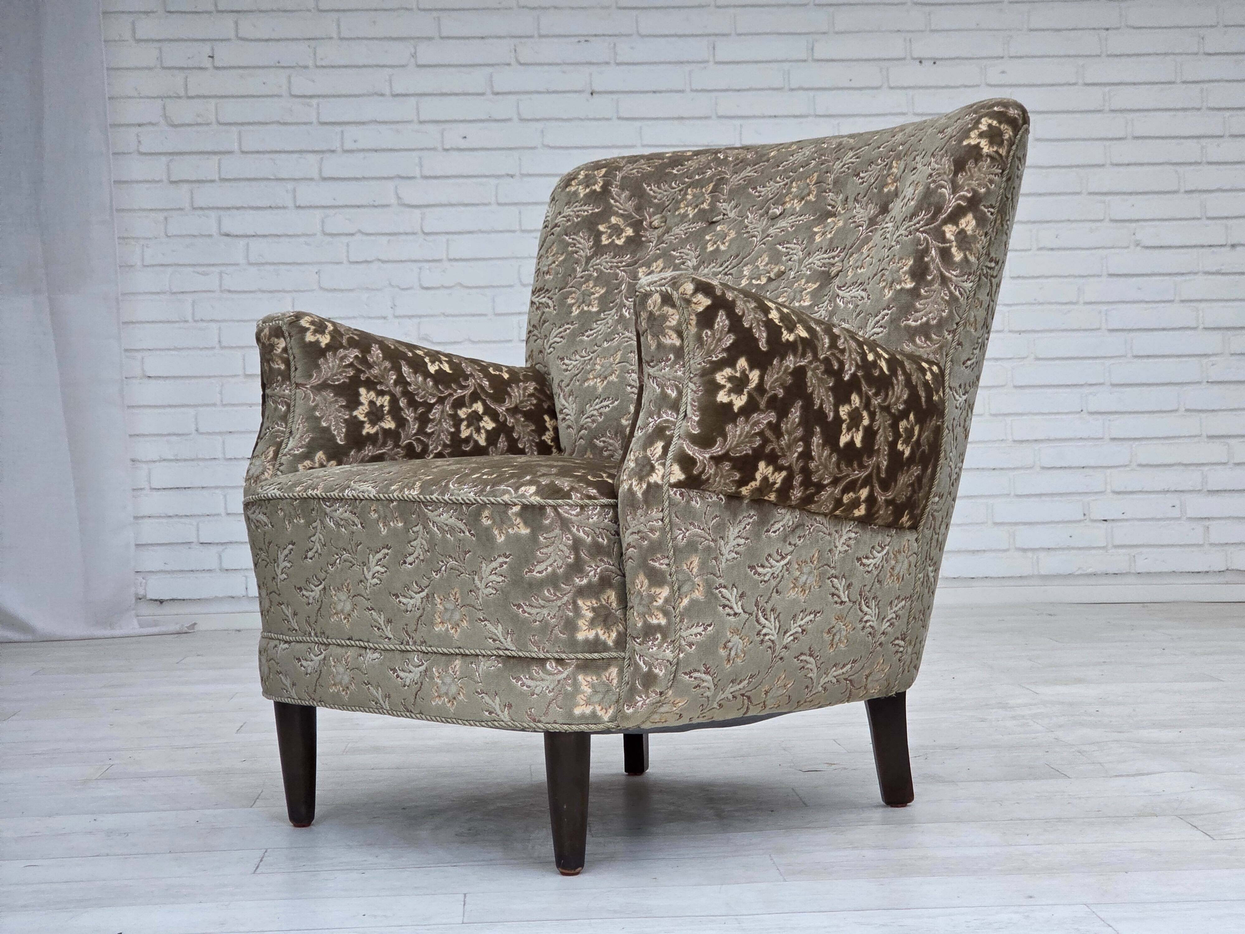 1960s, Danish armchair, light green furniture velour, teak wood legs.