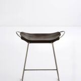 Contemporary Kitchen Counter Stool Old Silver Steel & Dark Brown Leather