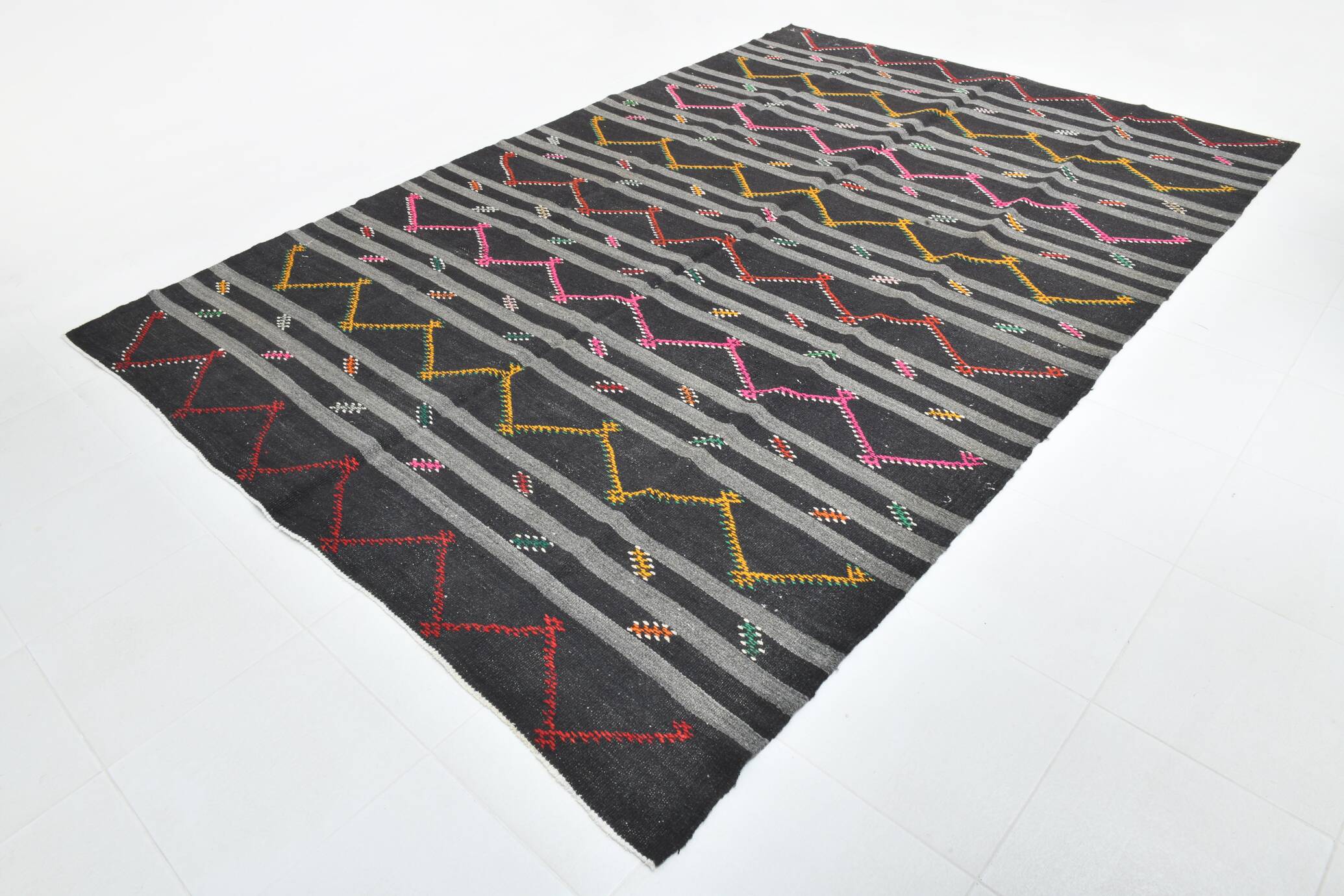 8x11 Gray & Black Striped Pattern Turkish Kilim Rug, 235x337Cm