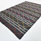 8x11 Gray & Black Striped Pattern Turkish Kilim Rug, 235x337Cm