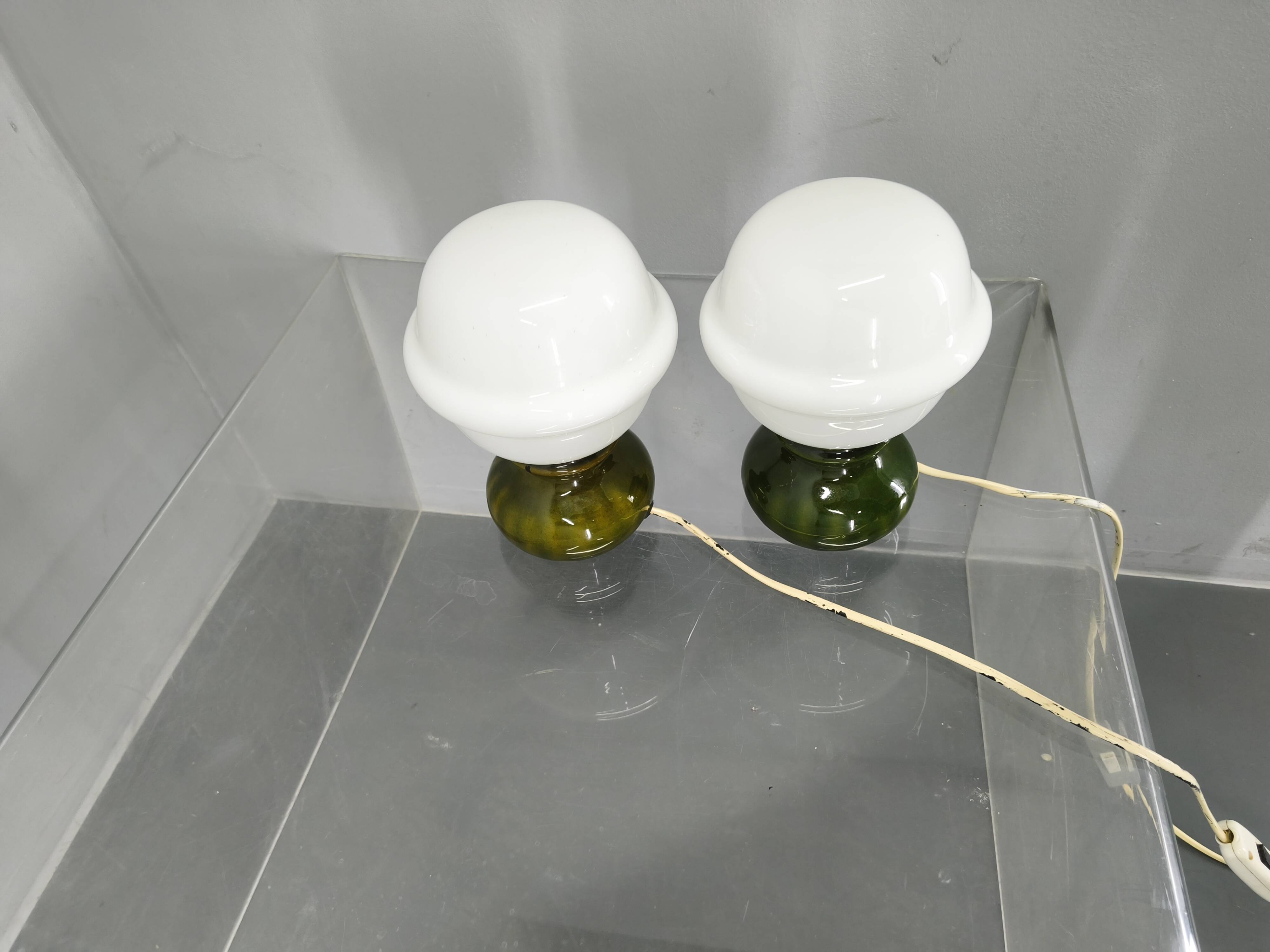Pair Czech 1970s Milk Glass and Green Ceramic Table Lamps