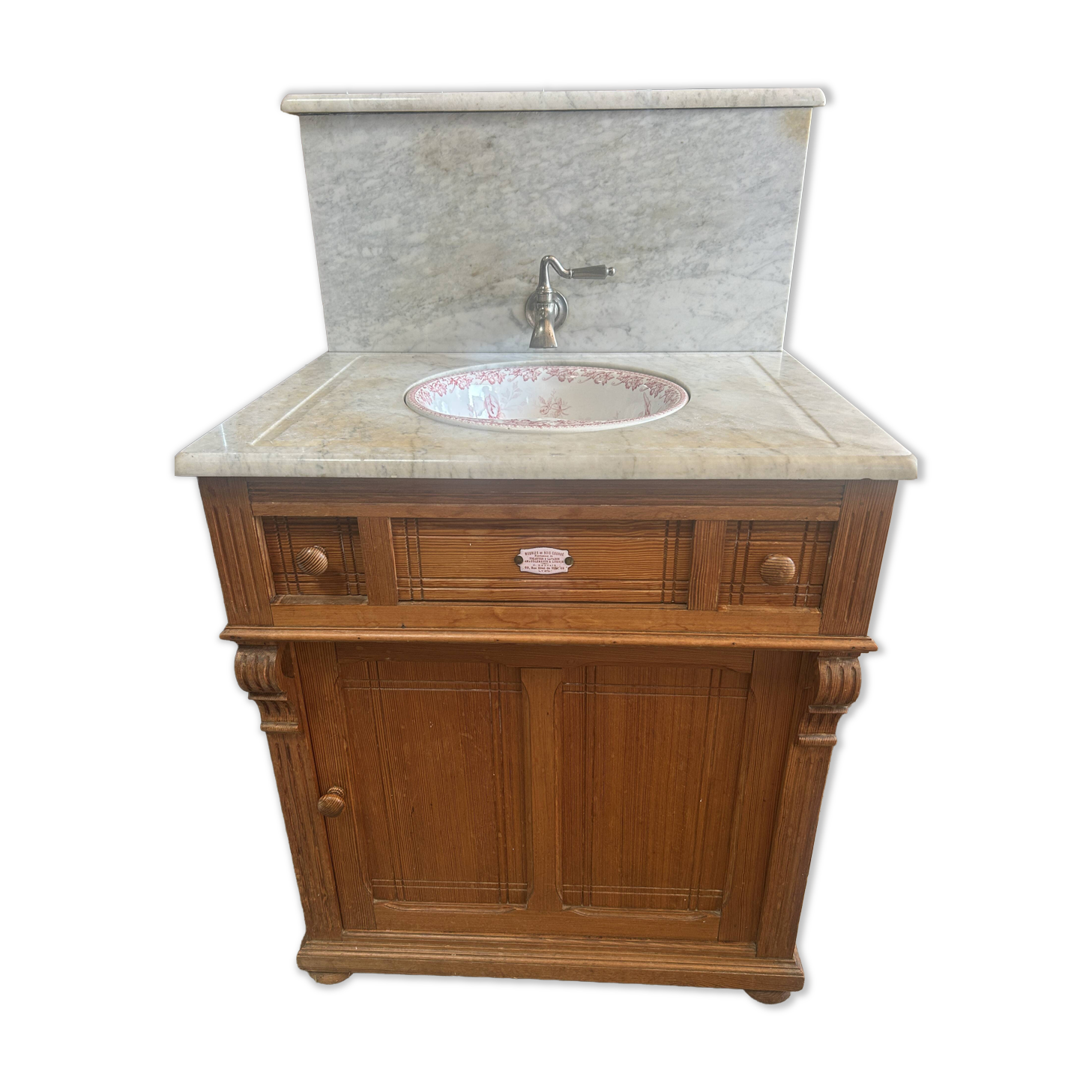 Meuble lavabo ancien Art Nouveau en bois et marbre C. Gervais Lyon