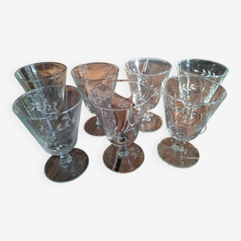 Set of 7 conical wine glasses, small capacity, low base, vintage watermarked drinking glass