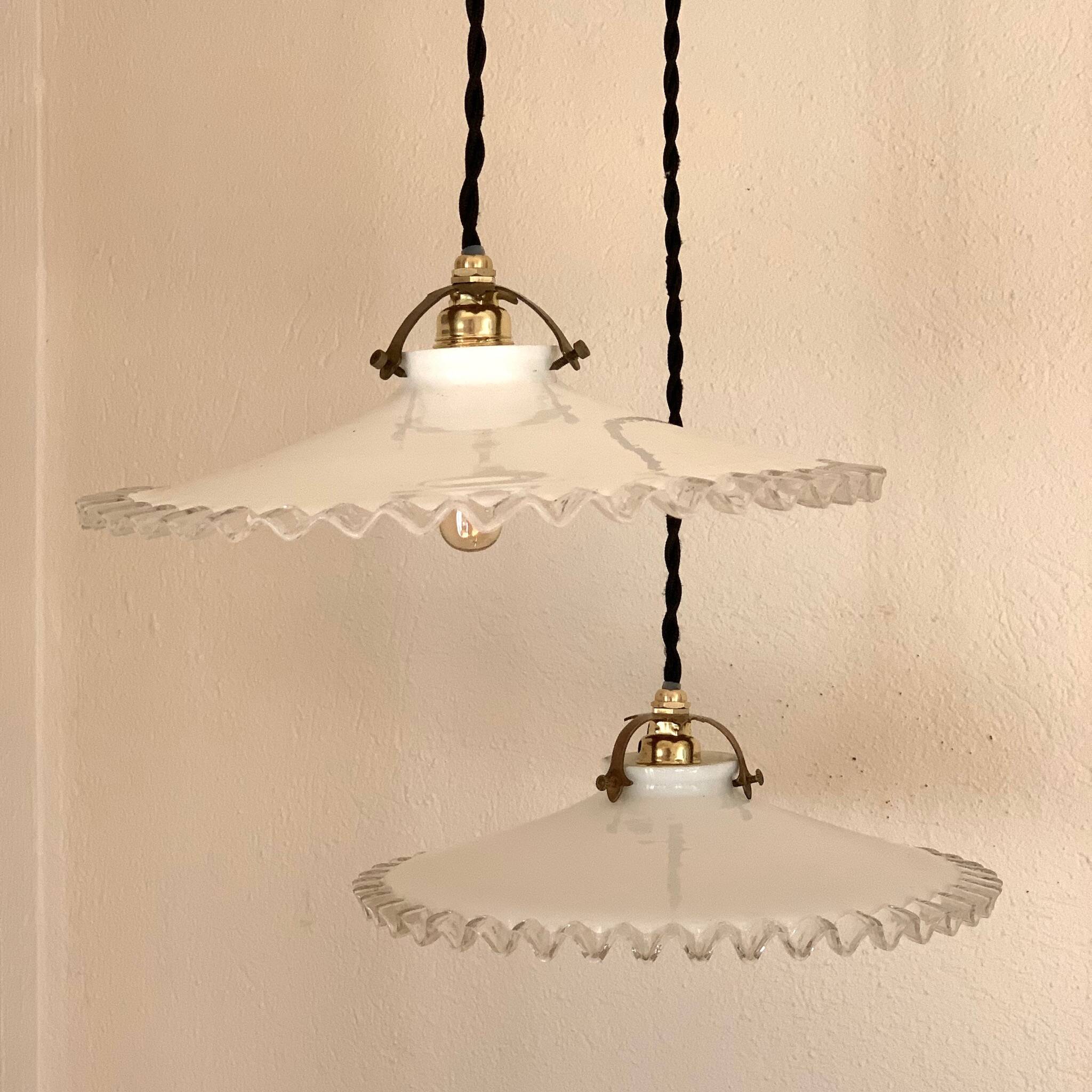 Pair of bistro pendant lights in serrated opaline