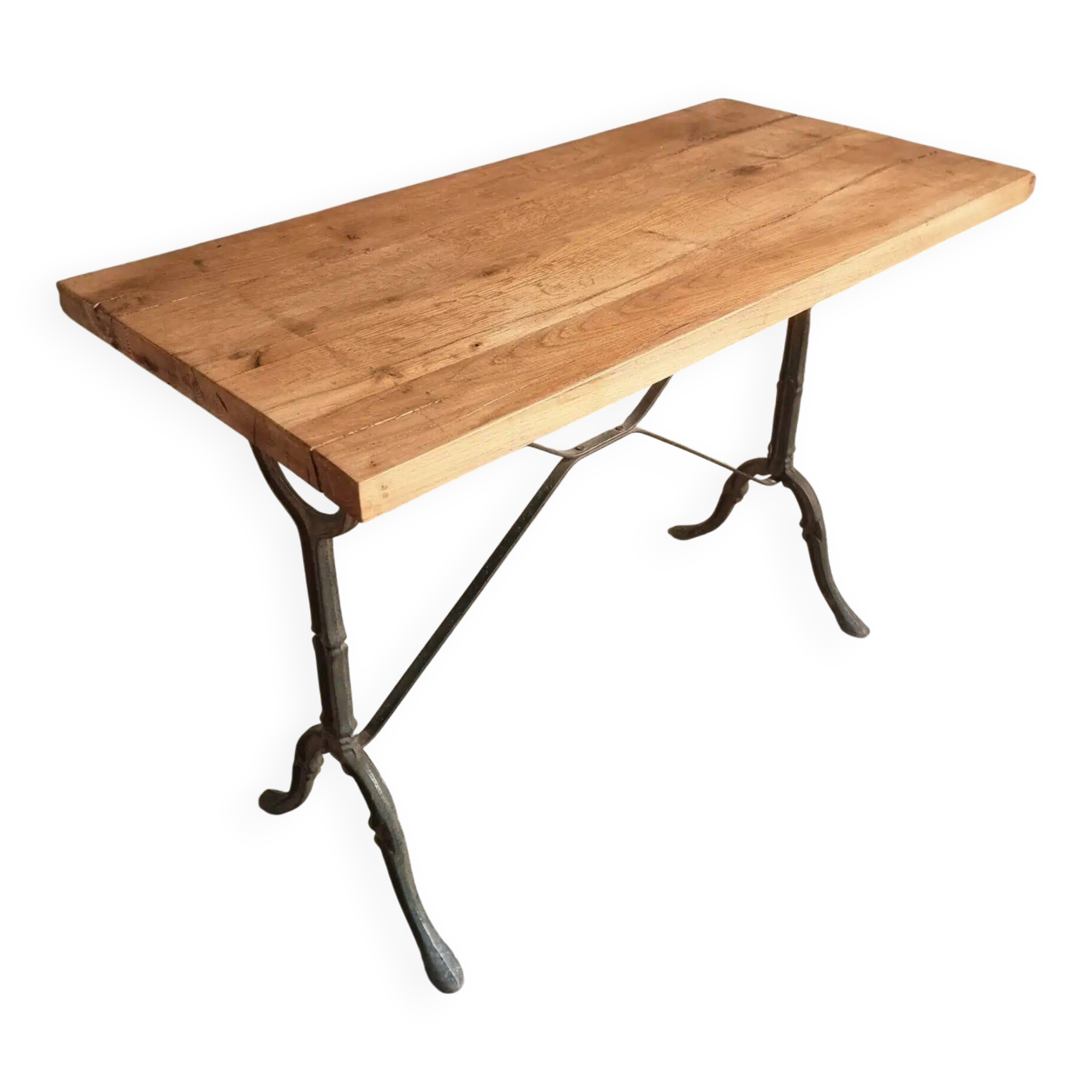 Vintage French Bistro Table | 1960s/70s Oak Top & Cast Iron Base | Retro Coffee & Wine Table