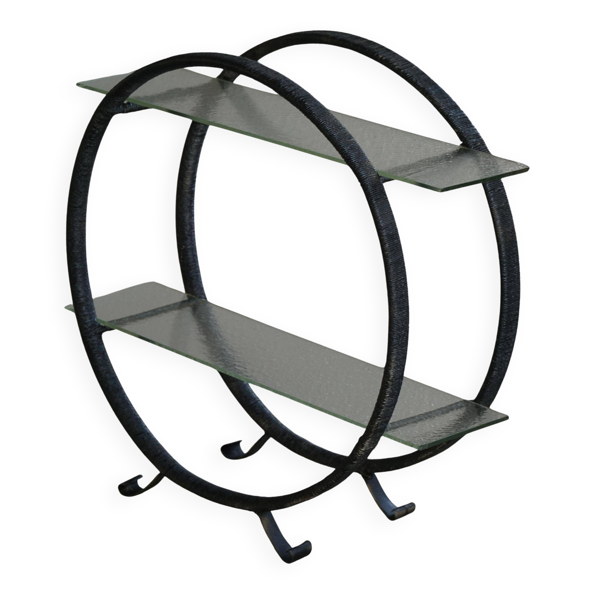 Decorative shelf unit, round metal frames with curved legs and glass shelves, 1960.