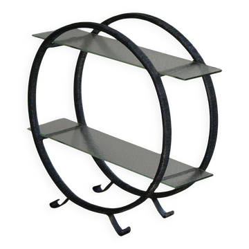 Decorative shelf unit, round metal frames with curved legs and glass shelves, 1960.