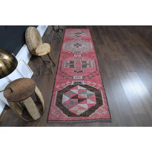 1970s Vintage Turkish Oushak Handmade Wool Cotton Pink Runner Rug 81x315