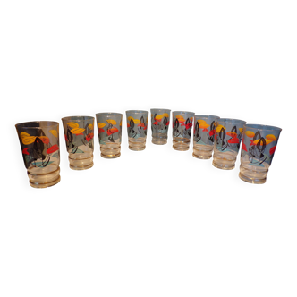 9 large vintage Miro water glasses, h=11cm