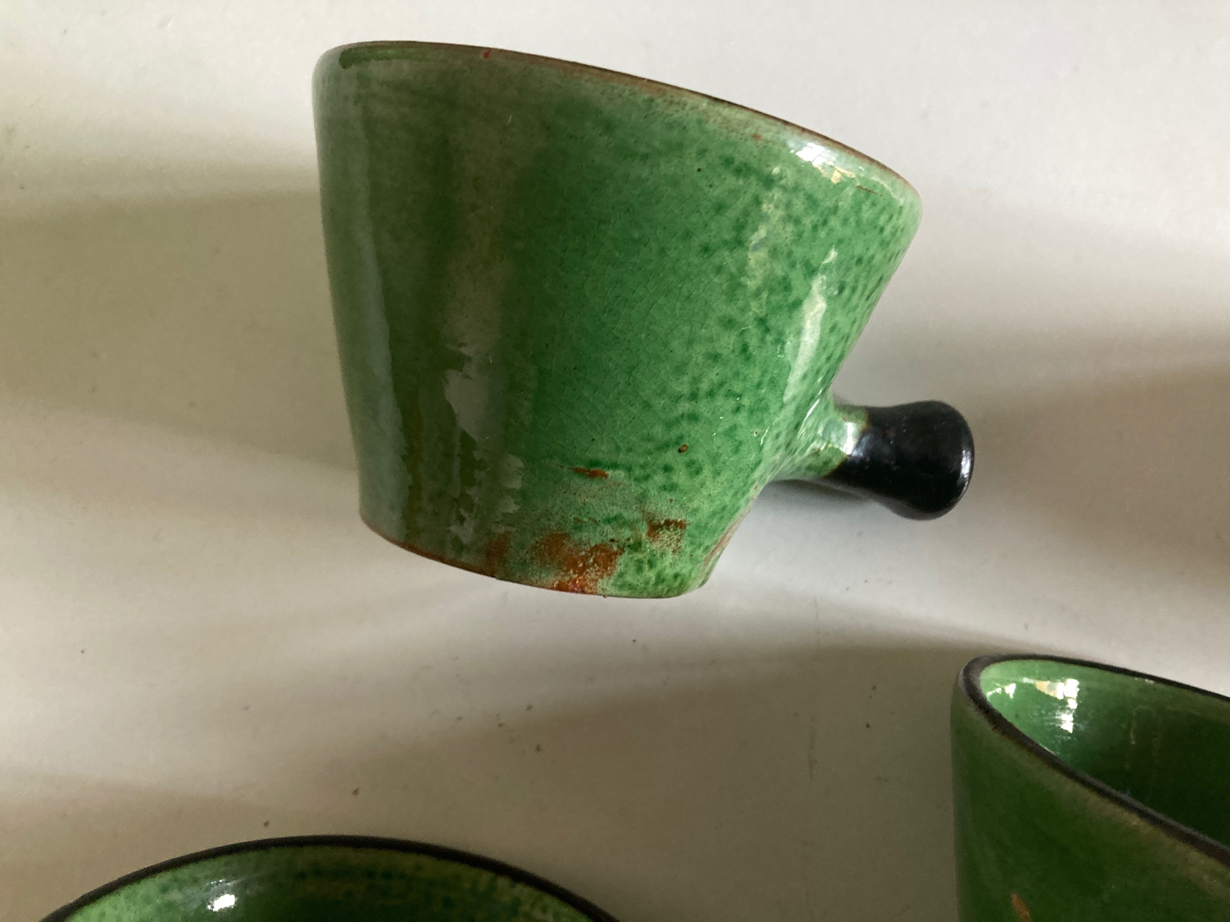 Set of 5 cups in green glazed clay Dieulefit 1960