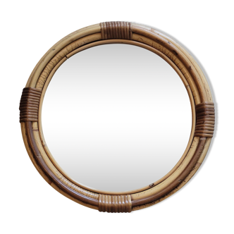Round mirror in bamboo and vintage rattan