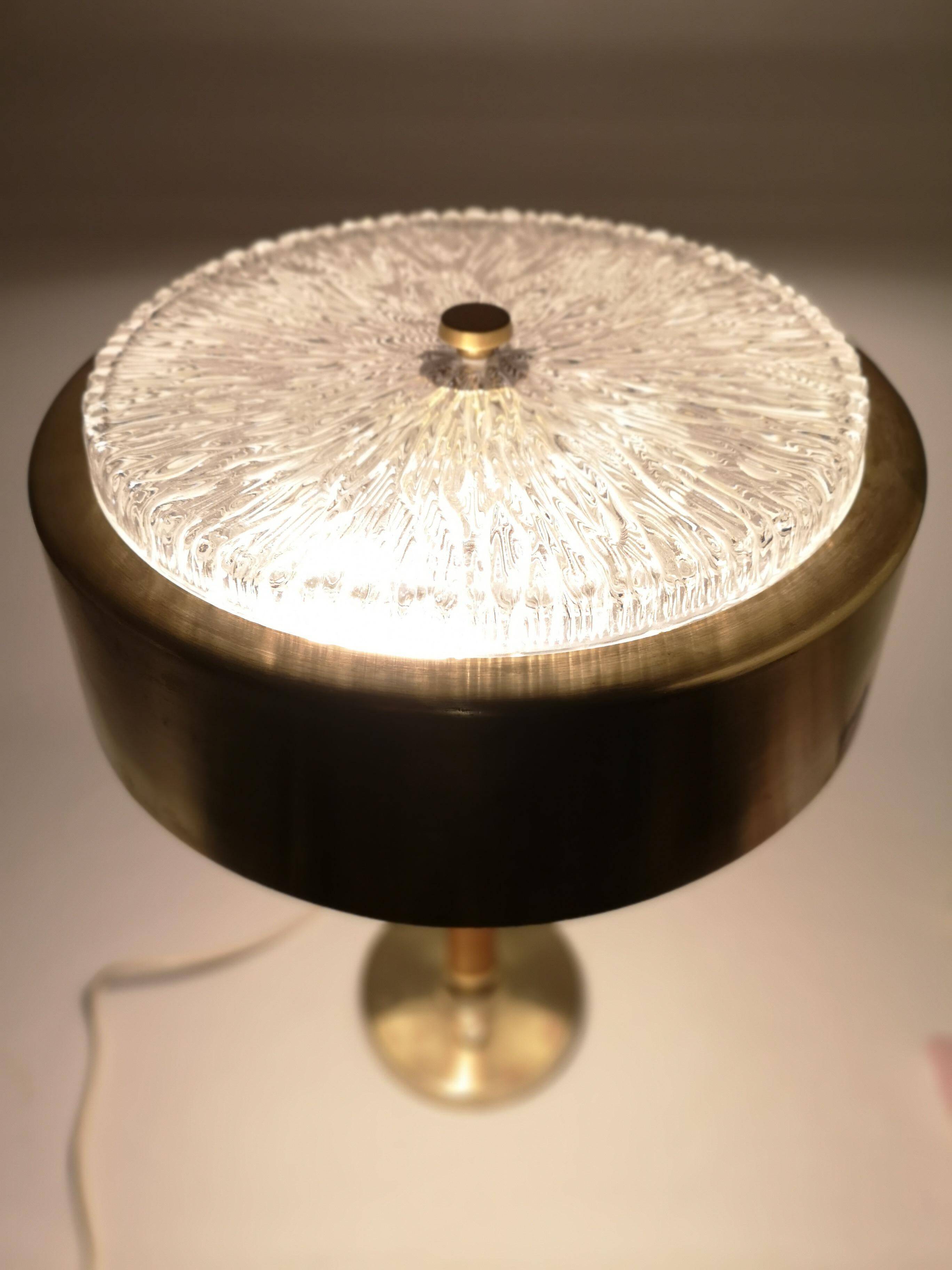 Mid-century Swedish table lamp in brass, crystal, and wood by Boréns.