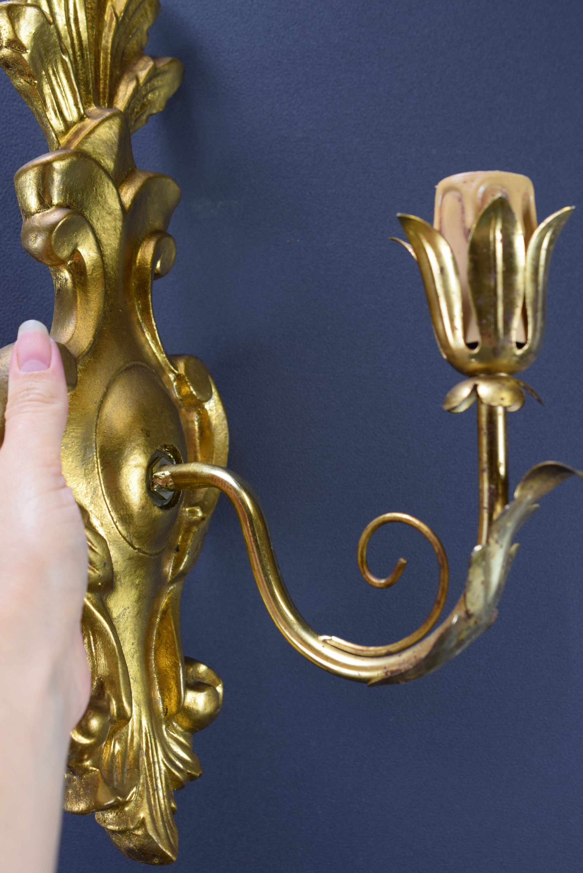 Pair of walled carved wood wall lamps