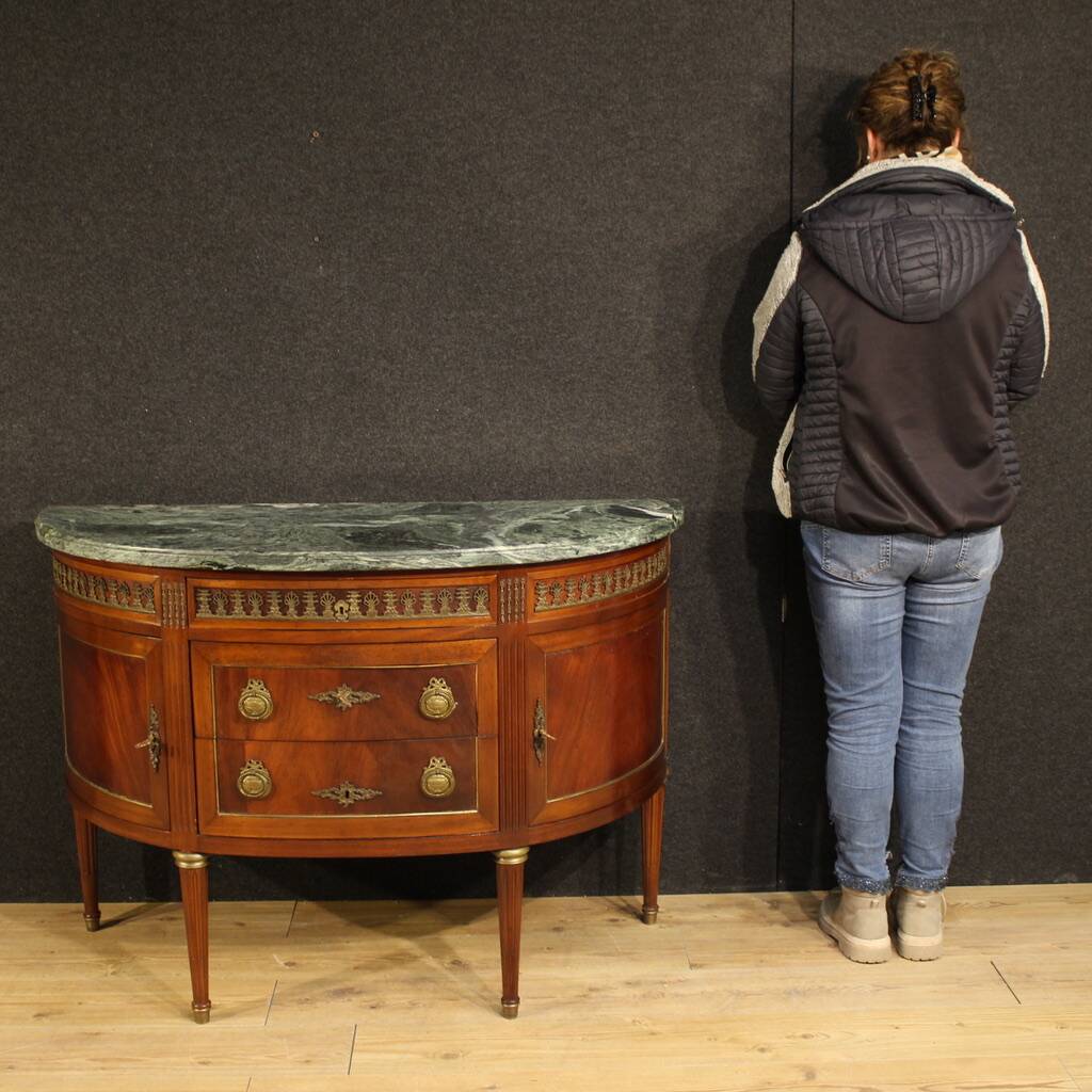 French Louis XVI style half-moon commode with marble top