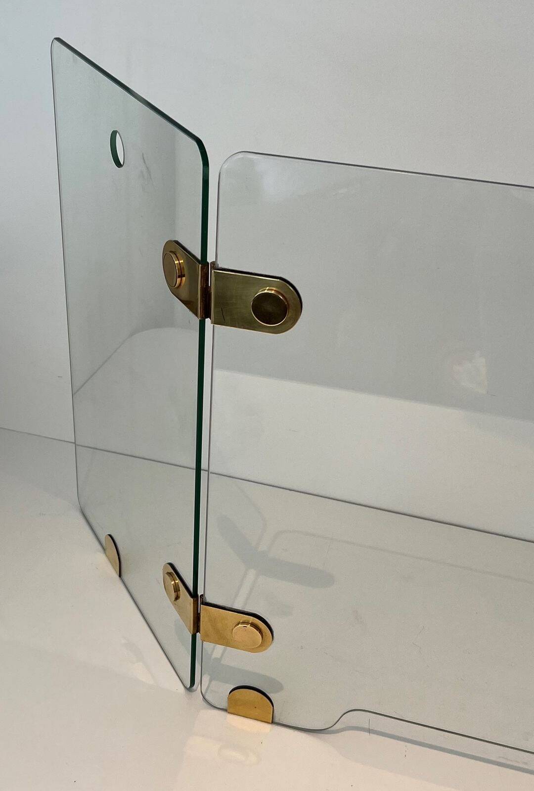 Three-Panel Folding Fire Screen with Clear Glass and Brass Hinges Ova