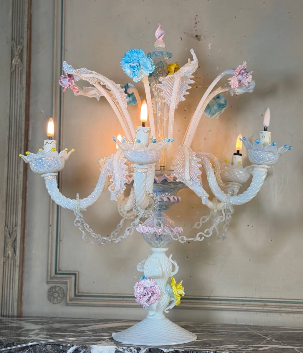 Multicoloured Venetian glass girandole from Murano with a dominant opaline blue, circa 1930.