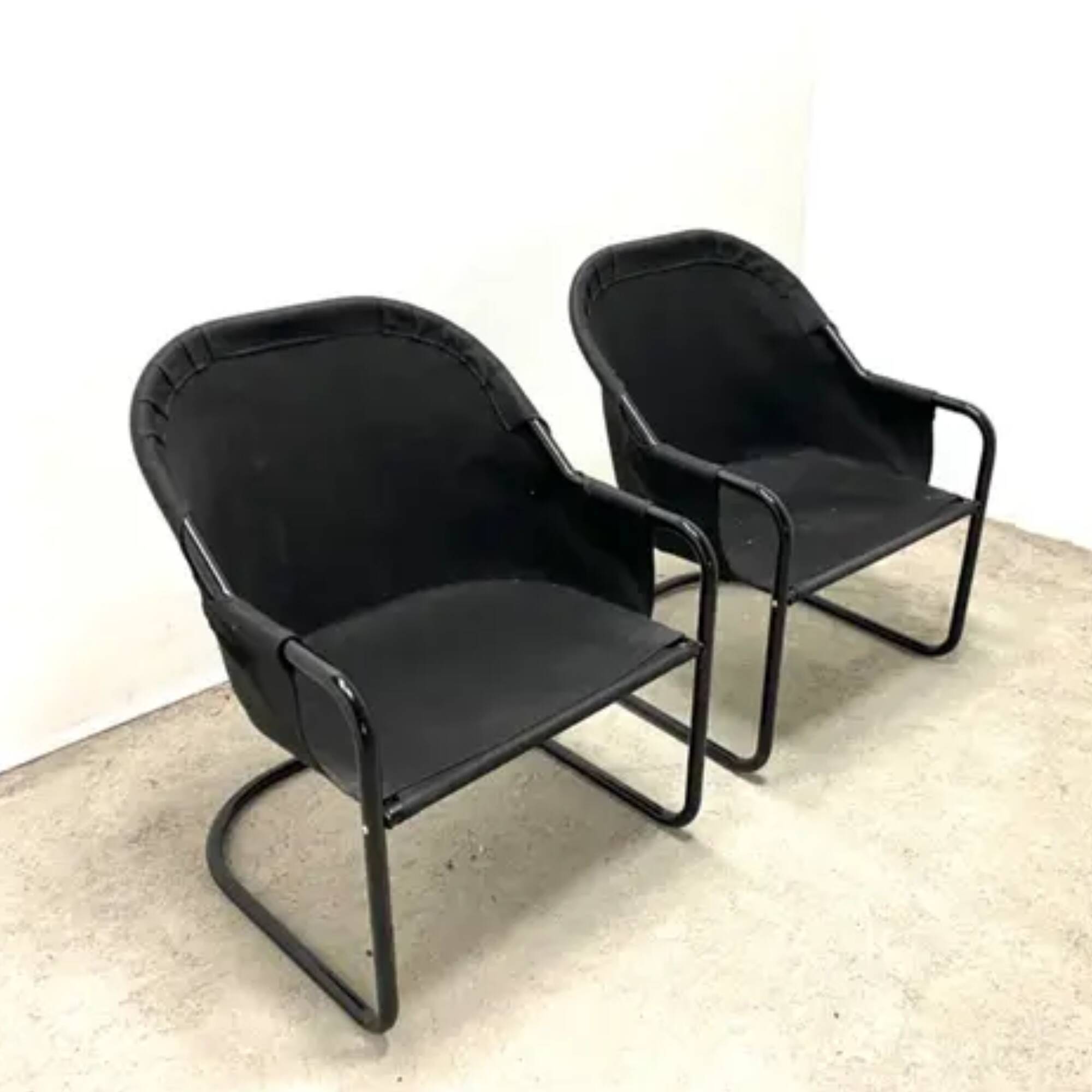 Retro FIAM armchairs Italy 1980s – black metal frame & green upholstery (set of 2)