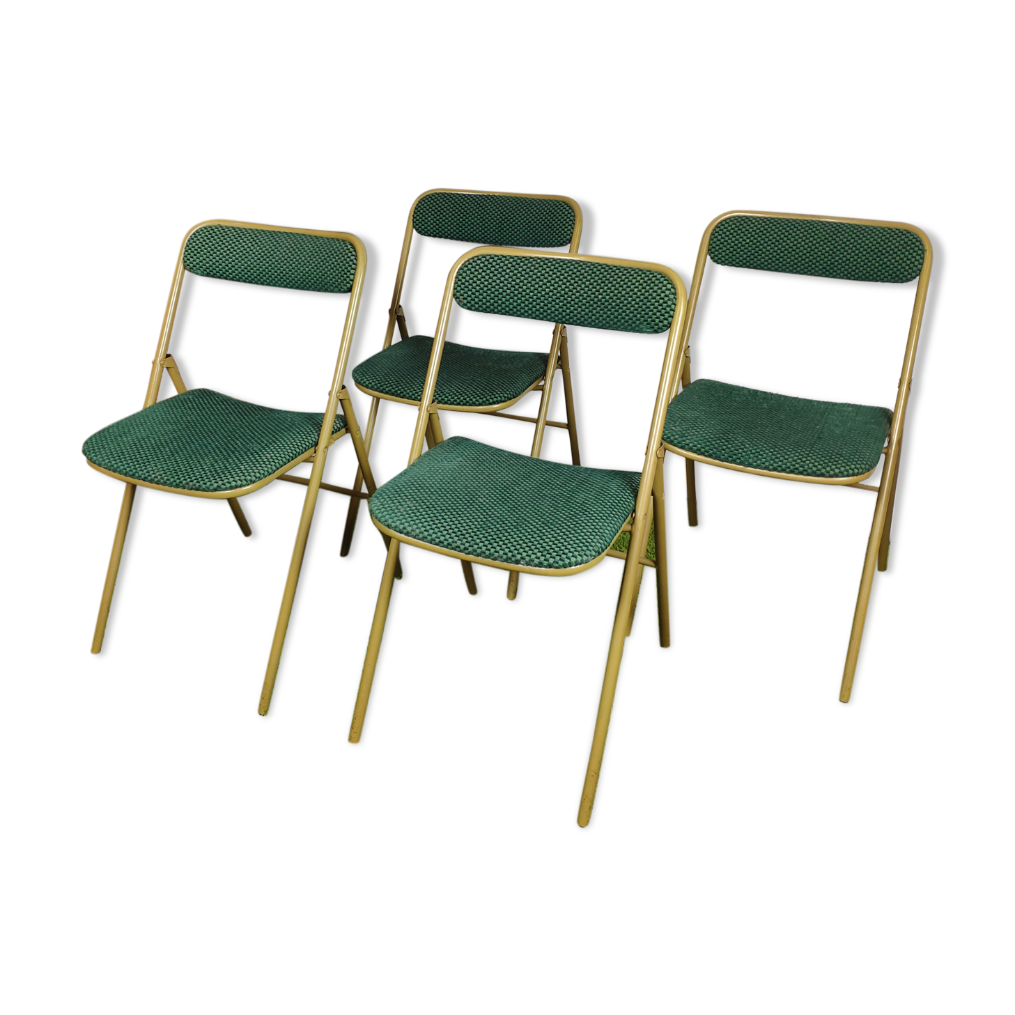 Lot of 4 folding chairs striped fabrics and green metal year 60