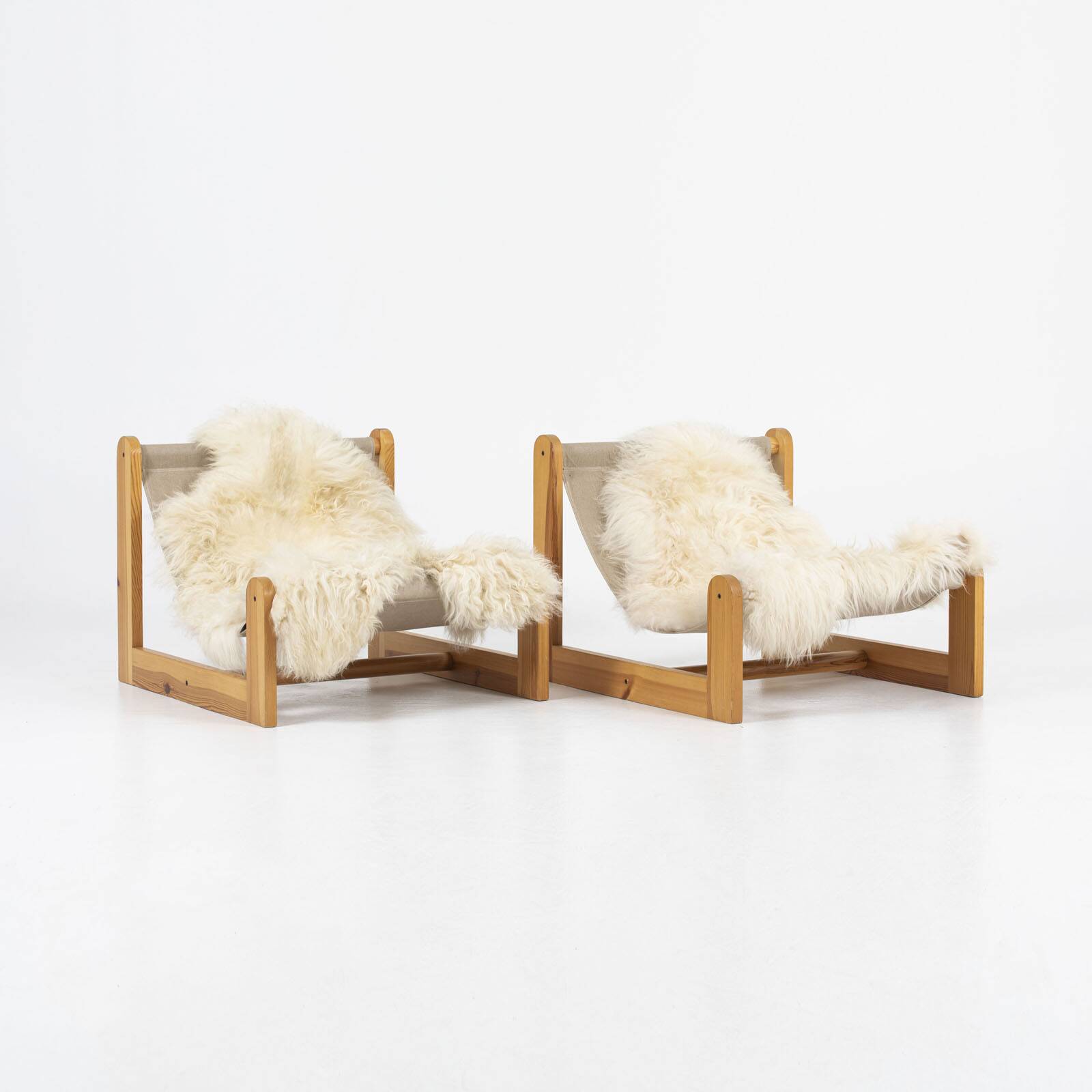 Sling chair in pine, canvas and sheepskin, 1970s