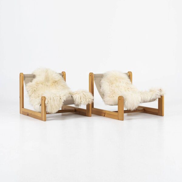 Chaise longue en pin, toile et peau de mouton, années 1970