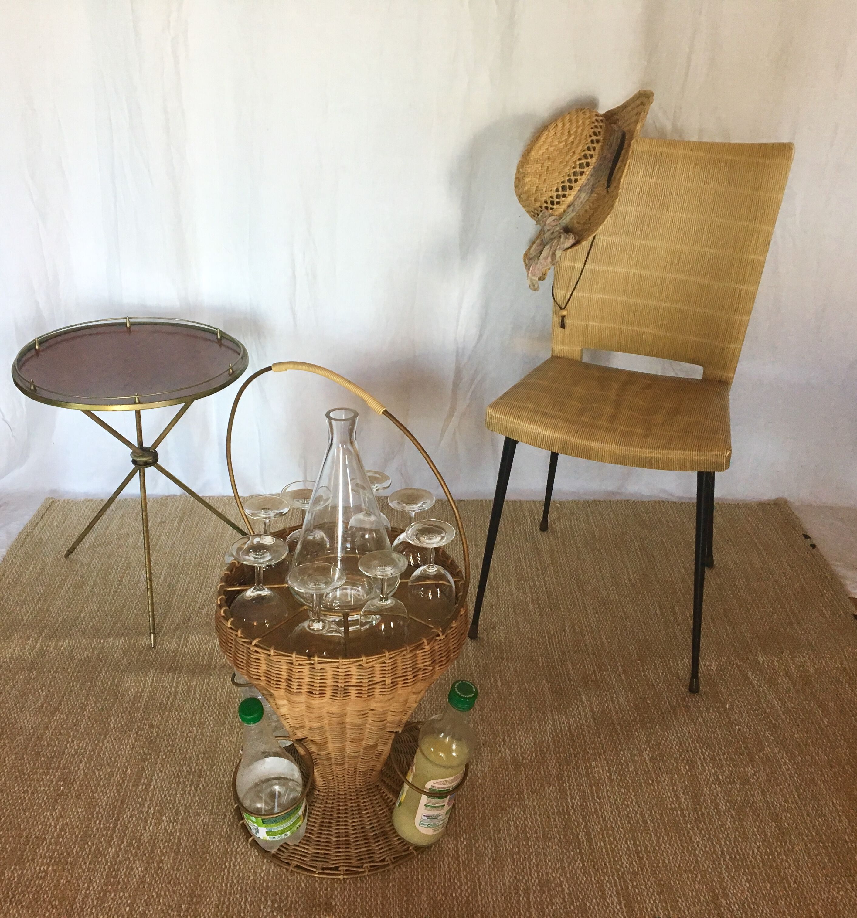 Portable bar 1960 rattan and scoubidou