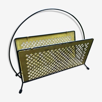 1950s magazine rack in yellow perforated metal