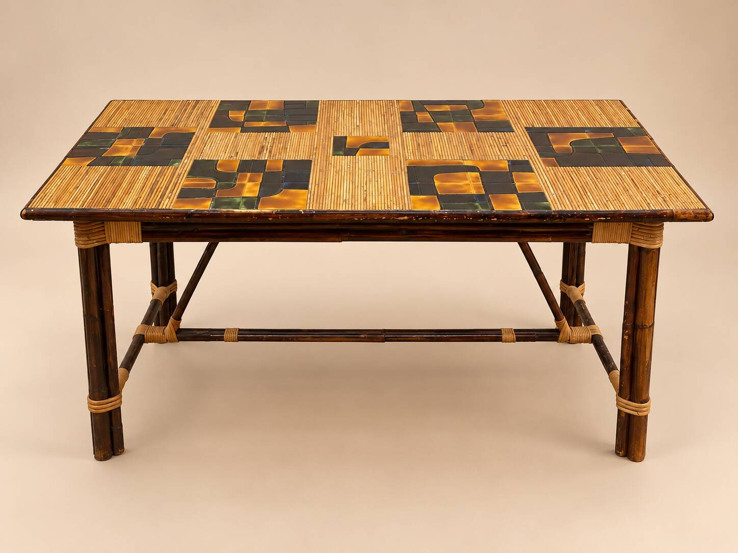 Dining table in stained rattan, bamboo and ceramic - audoux & minet