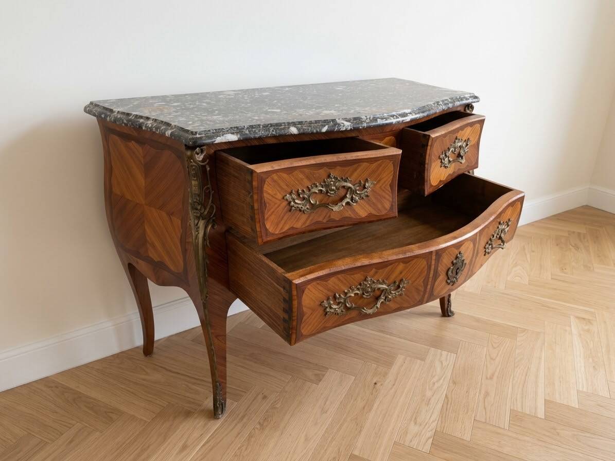 Curved Louis XV commode in rosewood and marble