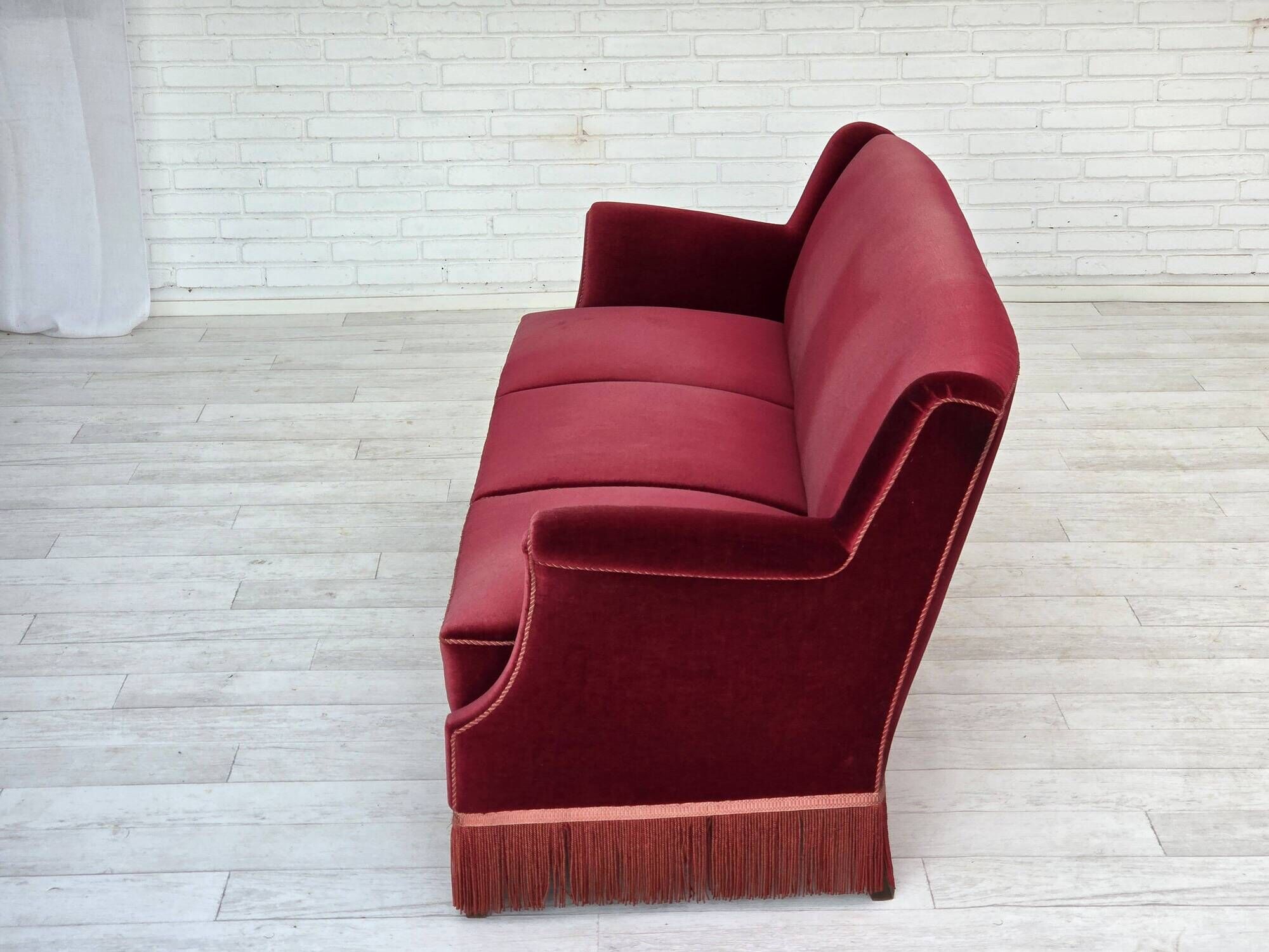 1960s, Danish 3-seater sofa, cherry-red furniture velour, ash wood.