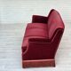 1960s, Danish 3-seater sofa, cherry-red furniture velour, ash wood.