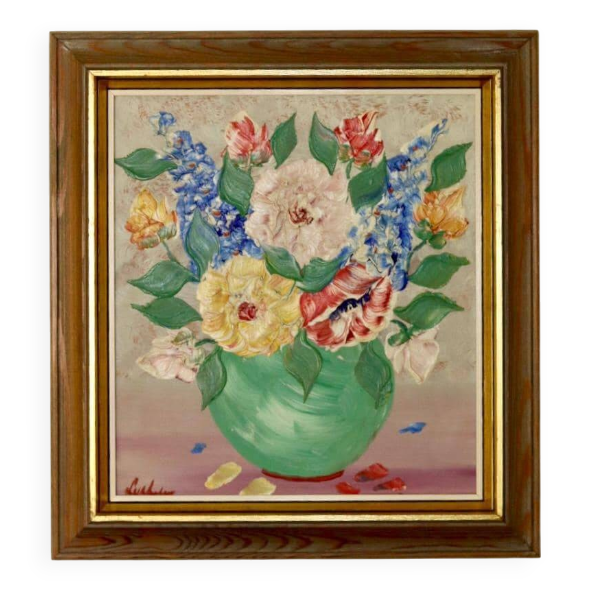 Peinture à l'huile sur panneau suédoise du milieu du siècle "Nature morte" par Gustav Adolf Lysholm - Vintage et encadrée