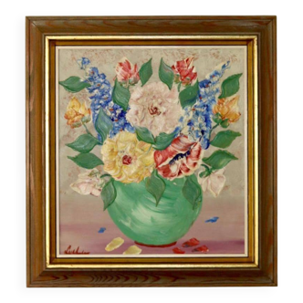 Peinture à l'huile sur panneau suédoise du milieu du siècle "Nature morte" par Gustav Adolf Lysholm - Vintage et encadrée