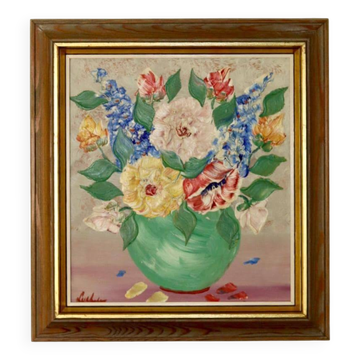 Peinture à l'huile sur panneau suédoise du milieu du siècle "Nature morte" par Gustav Adolf Lysholm - Vintage et encadrée