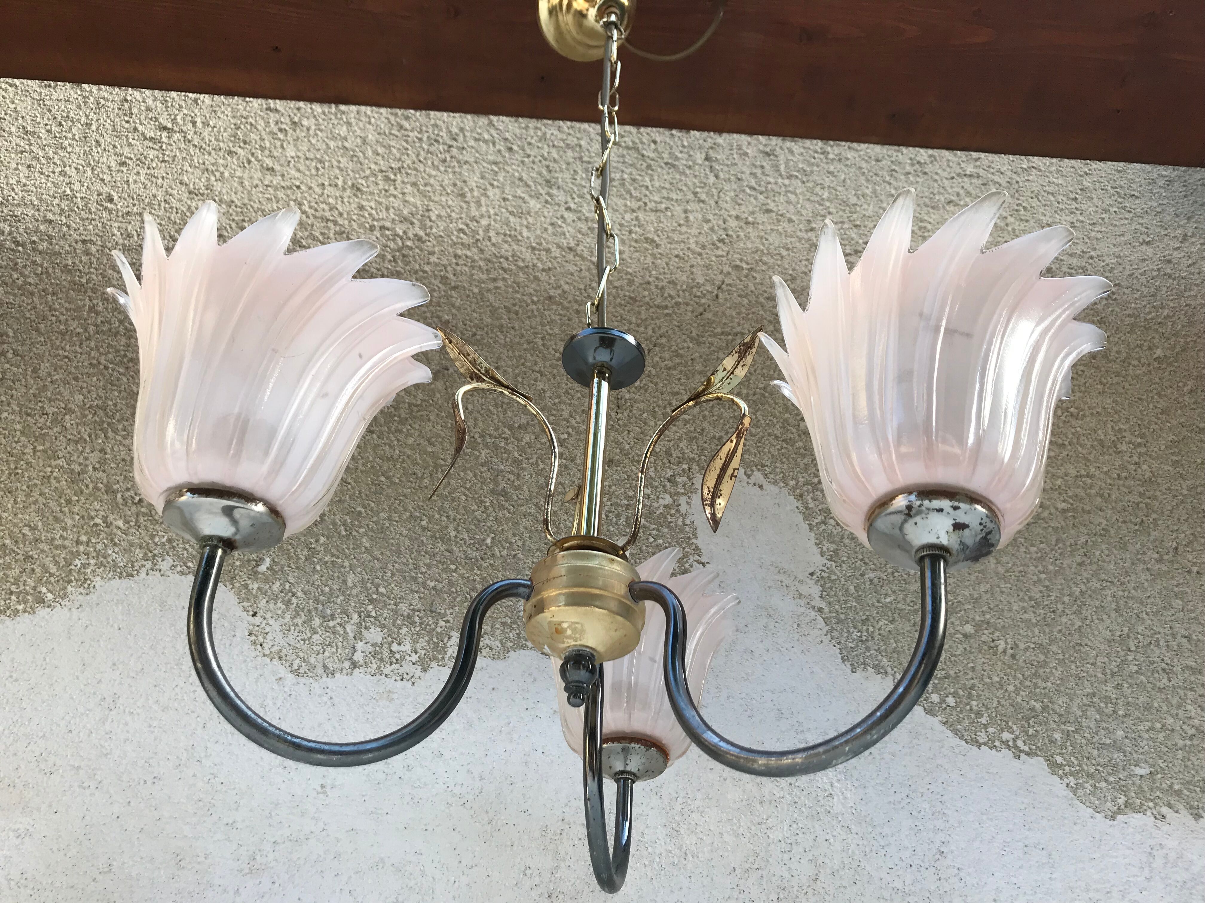 Chandelier 3 arm metal gold old vintage rose