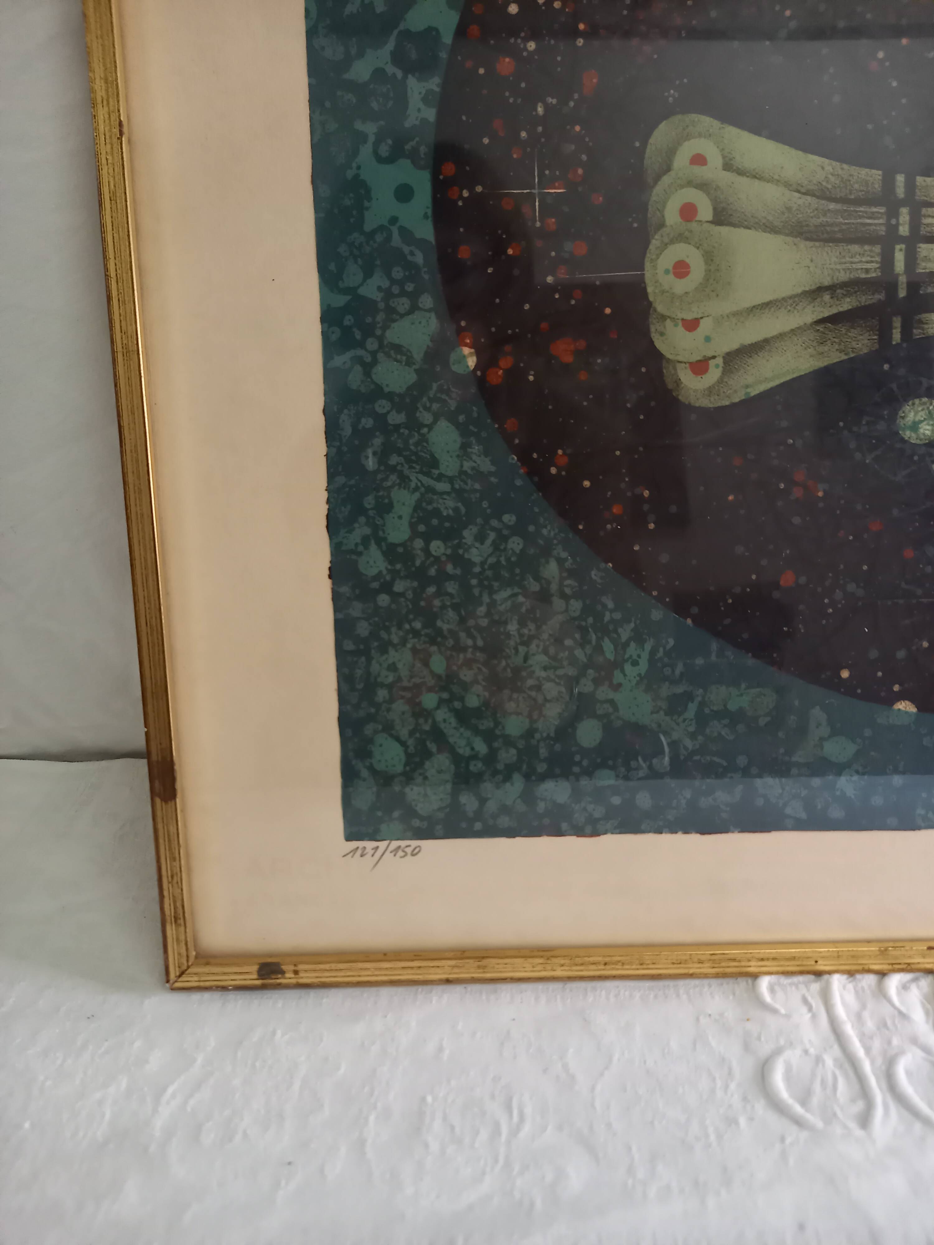 Original lithograph by Pierre-Henri Jacquot (1929-2009), Homage to Vaucanson, bird composition