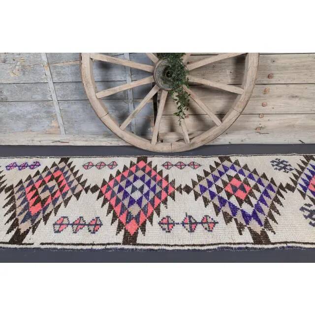 1970s Natural White Geometric Turkish Hand-Knotted Runner 80x365