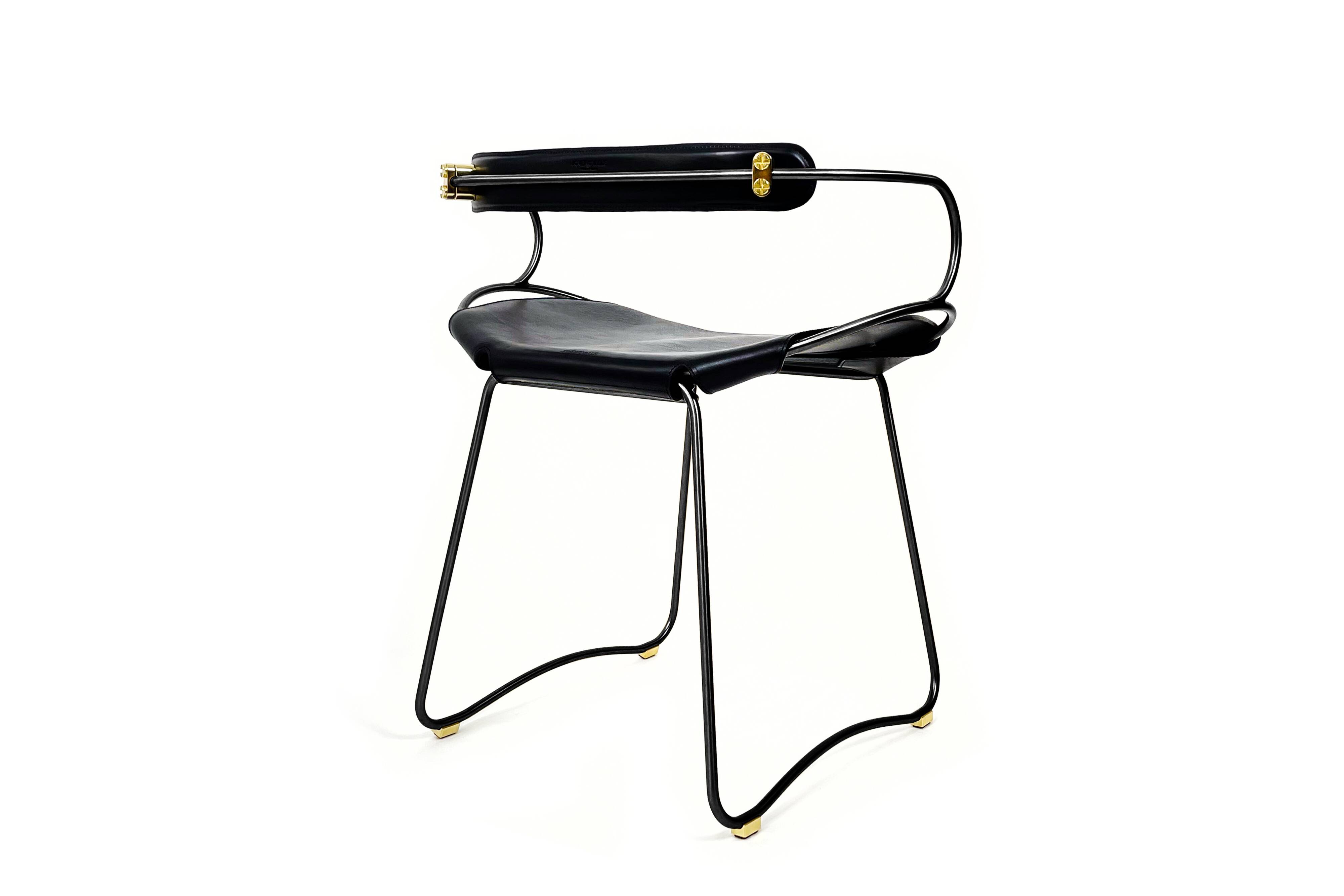 Contemporary kitchen bar stool with black steel backrest.