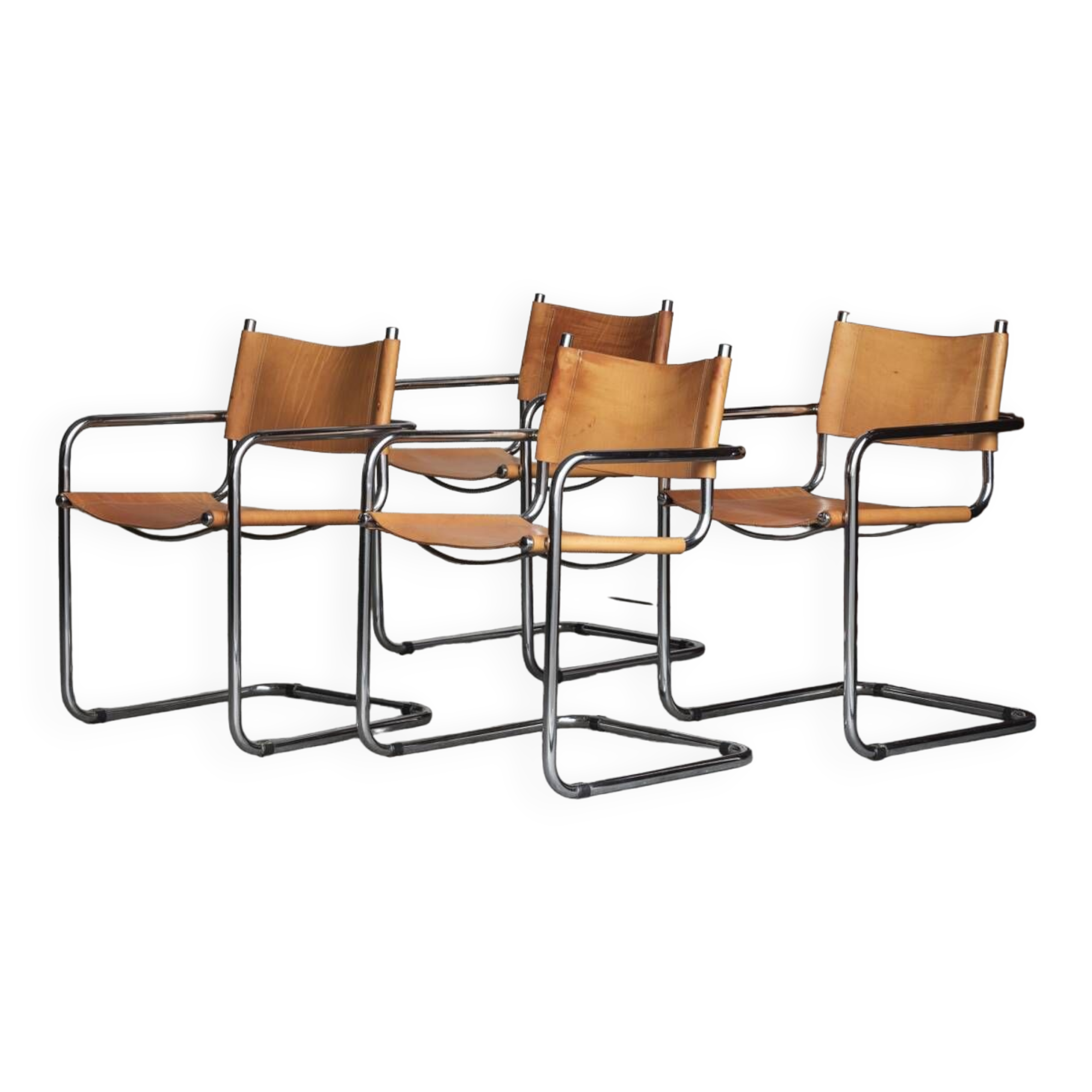 Set of 4 tubular dining chairs in Bauhaus style, in the manner of Marcel Breuer, 1970s