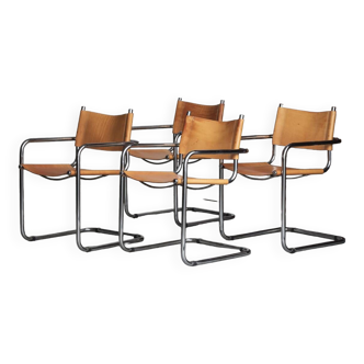 Set of 4 tubular dining chairs in Bauhaus style, in the manner of Marcel Breuer, 1970s