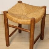 Vintage stool in solid oak and straw, 1960s