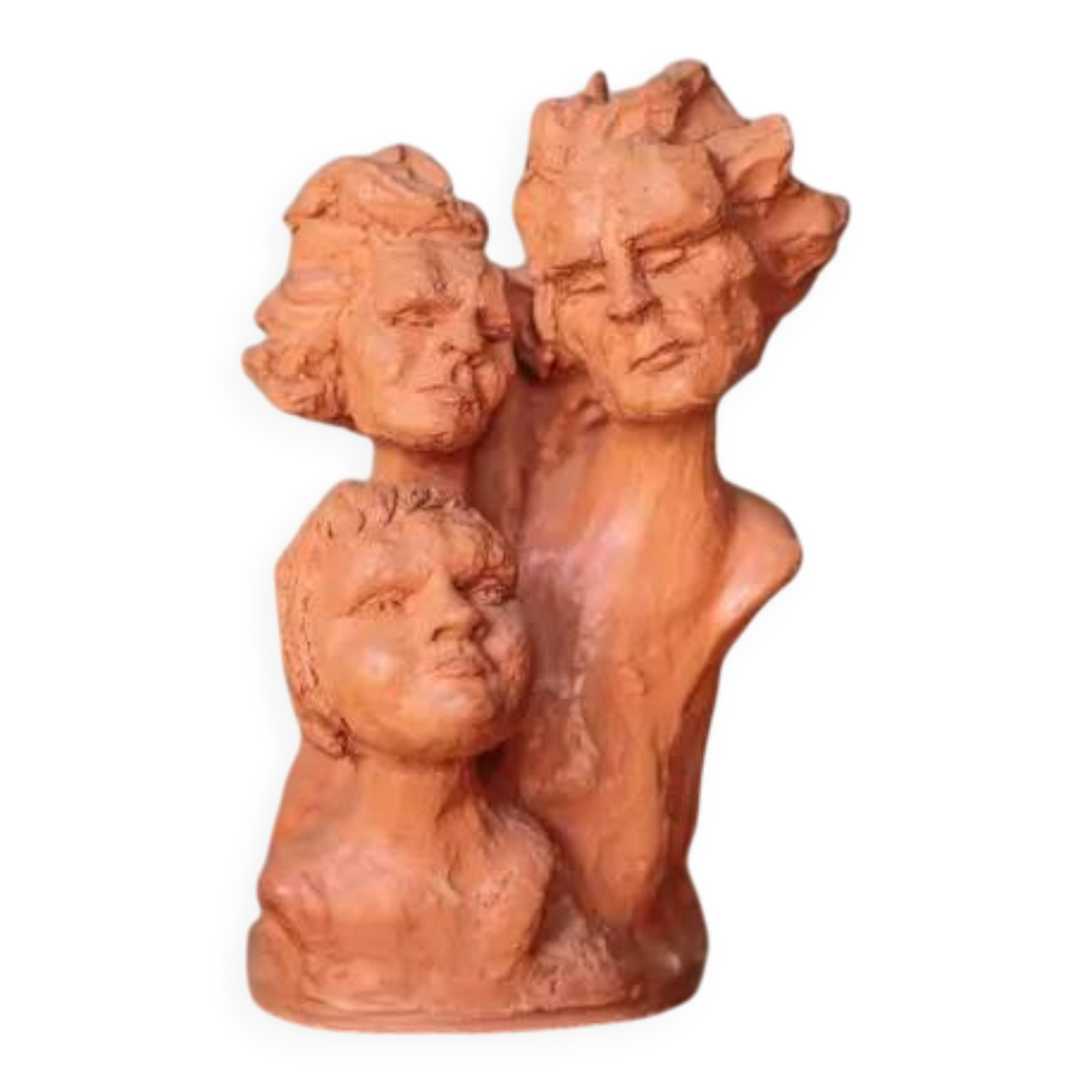 Sculpture signed Doloire, terracotta sculpture with 3 faces, candlestick sculpture, collection, interior decoration.