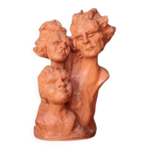 Sculpture signée Doloire ,sculpture terre cuite a 3 visages , sculpture bougeoir , collection, décoration intérieure