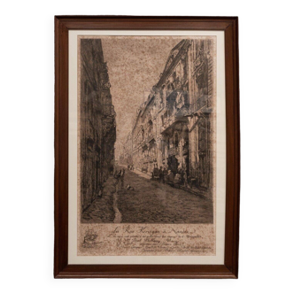 Engraving by René Pinard Rue Kervégan in Nantes natural wood frame