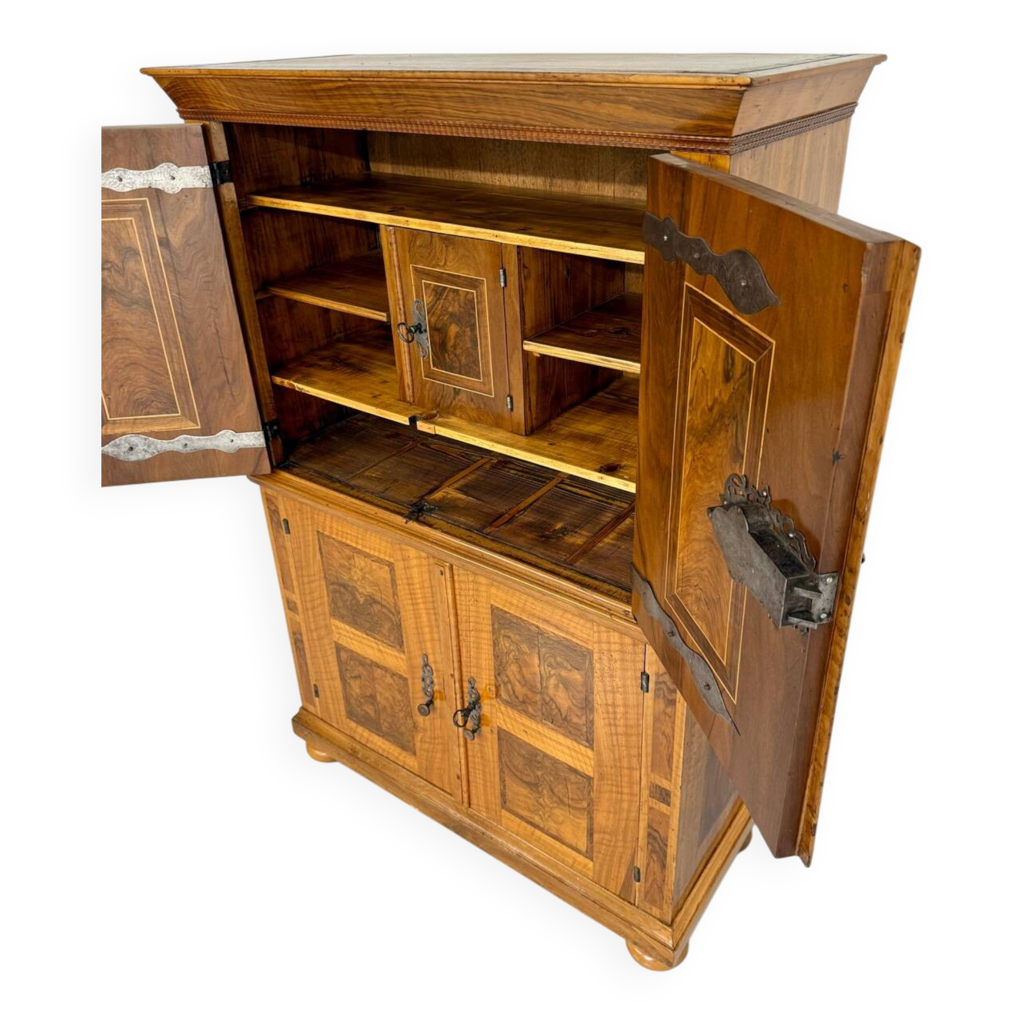 Antique 19th century Biedermeier art deco chest of drawers in walnut with wrought iron locks