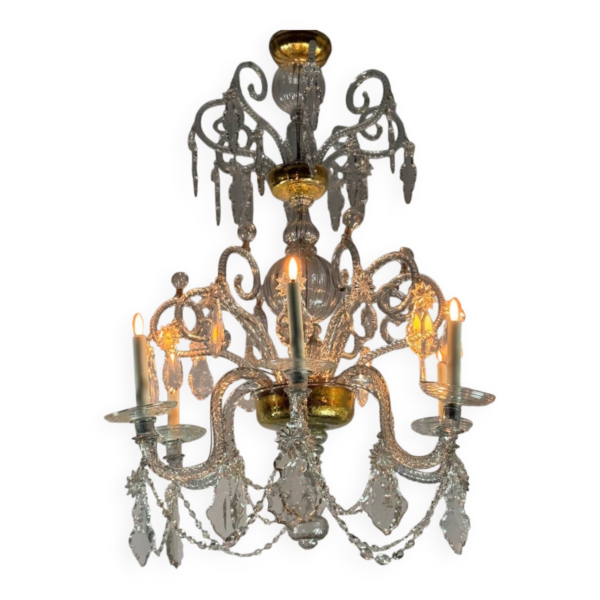 Liège lustre in blown glass and cut crystals, 6 light arms, 18th century